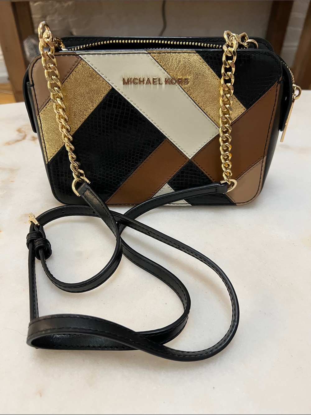 Michael Kors Black, Brown, Cream & Gold Patchwork Crossbody